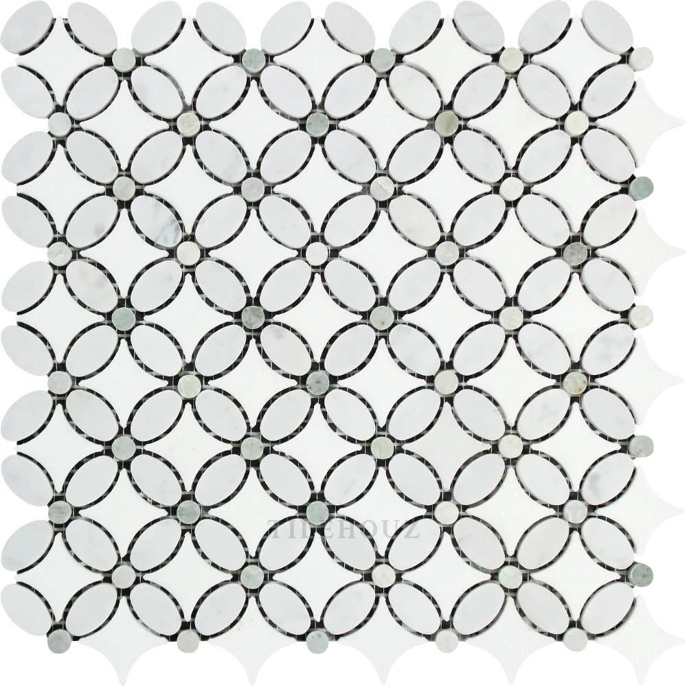 Marble Florita Flower Mosaic Tile by Tilehouz; Carrara and Thassos ovals with Ming Green dots