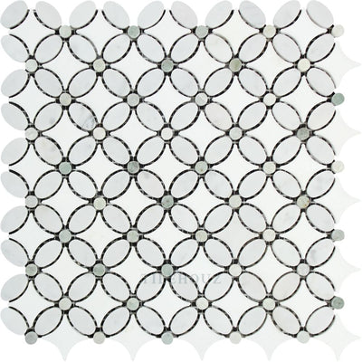 Thassos White Carrara Marble Florida Flower Mosaic Tile (Carrara + (Oval) Ming Green (Dots))