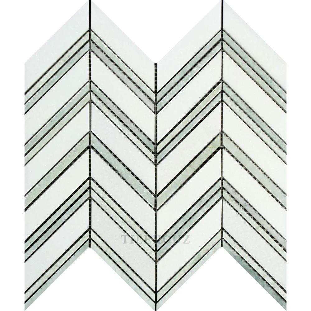 Thassos White Marble Large Chevron Mosaic Tile with Ming Green thin strips, polished & honed — Tilehouz