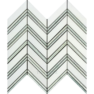 Thassos White Marble Large Chevron Mosaic Tile (Thassos + Ming Green (Thin Strips)) Polished&honed