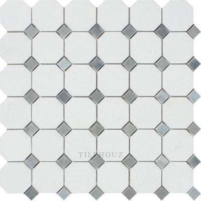 Thassos White Marble Octagon Mosaic Tile W/ Bardiglio/blue-Gray Dots Polished&honed Tiles