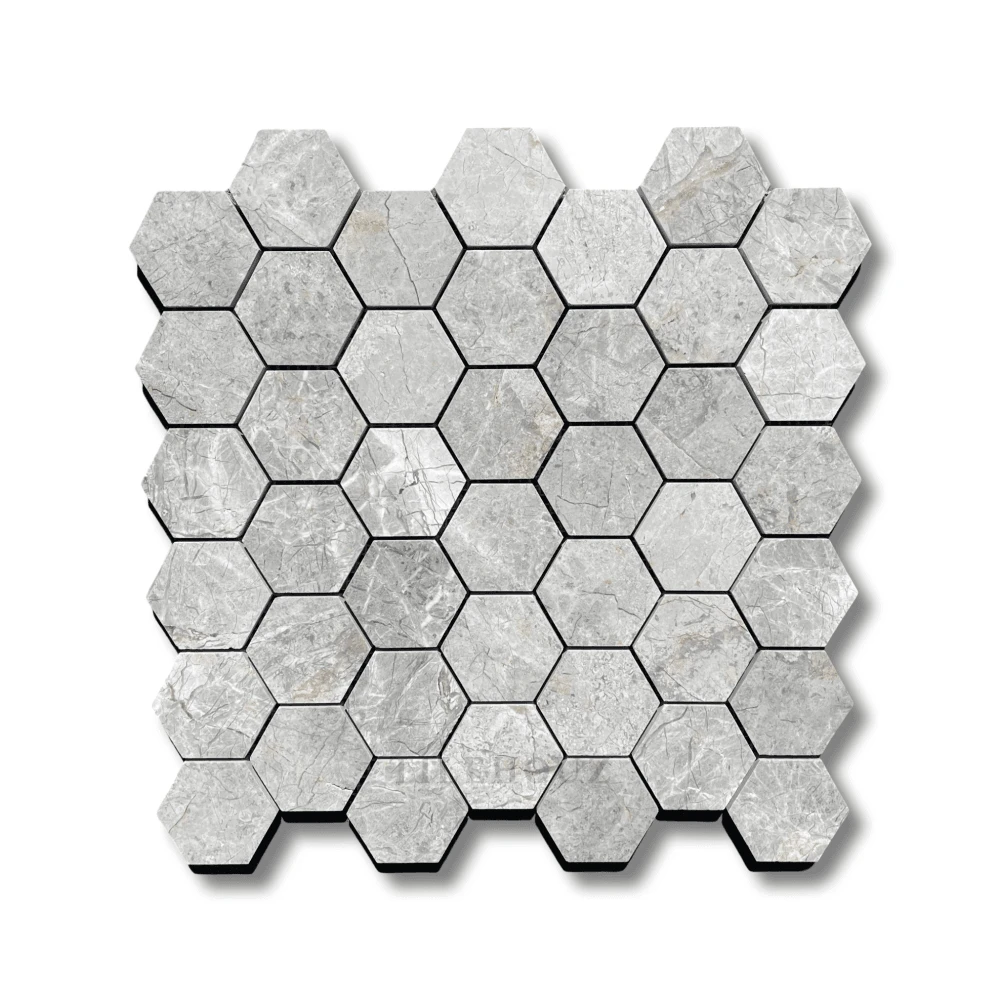 Tundra Gray Marble 2-inch hexagon mosaic tile, polished & honed for wall & ceiling use by Tilehouz