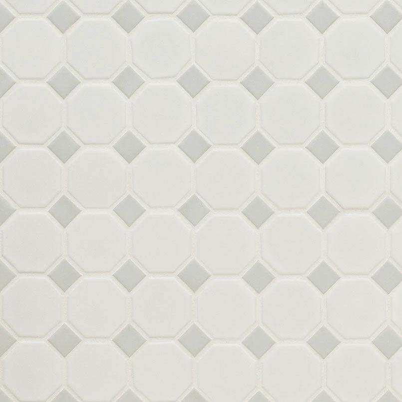 Ceramic wall tile by Tilehouz; white and gray matte octagon mosaic pattern