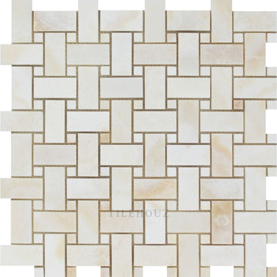 White Onyx Polished Basketweave Mosaic Tile W/ Dots - (Cross-Cut) Tiles