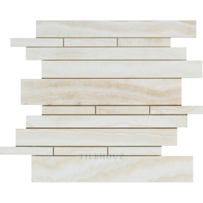 White Onyx Polished Random-Strip Mosaic Tile - (Vein-Cut) Tiles